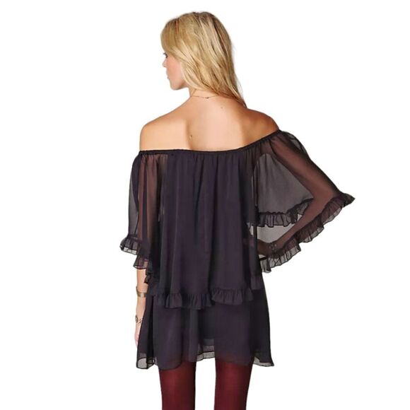 Free People Ruffled Off Shoulder Whimsygoth Babydoll Dress Women's sz S Black - Picture 3 of 9